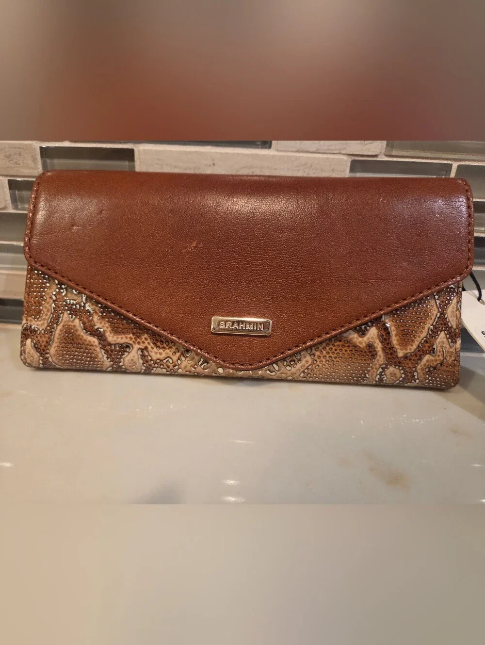 Brahmin Brown Leather and Snake-Print Envelope Clutch